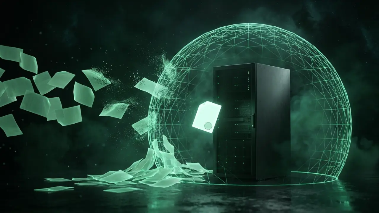 Blank glowing takedown notices disintegrating against a green energy barrier around a dark server, while one sealed document passes through